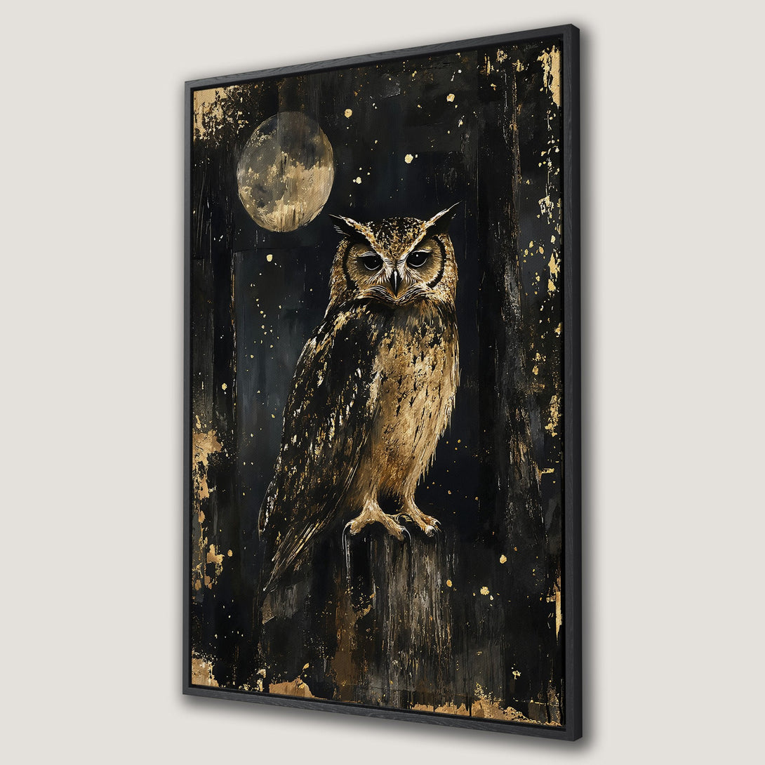 Framed Wall Art featuring a majestic owl against a dark, textured background with gold accents. Stunning artwork with a dramatic, modern style and a rich, warm color palette.
