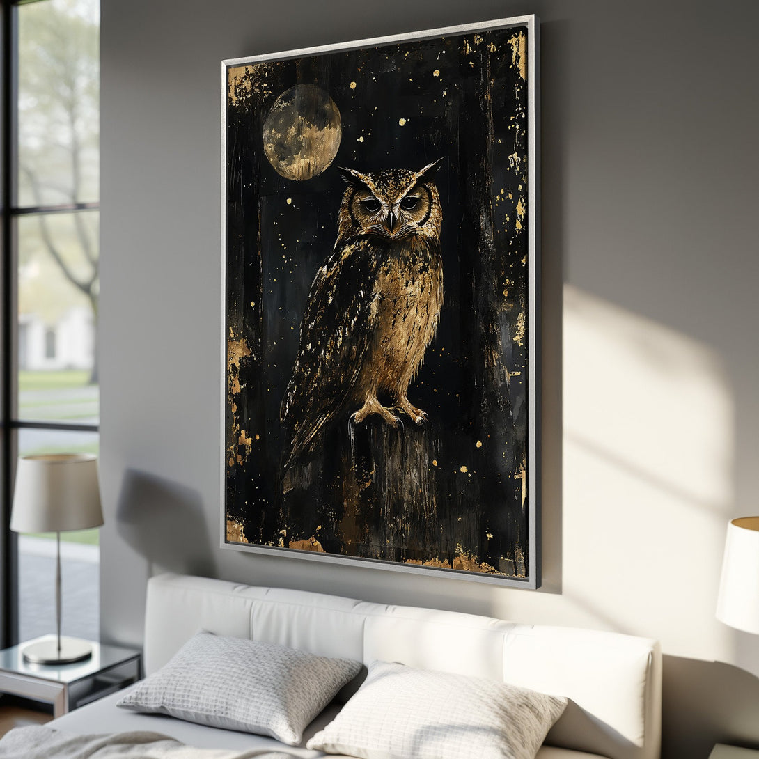 Framed Wall Art: Majestic owl painting in black and gold tones. Modern artwork for home decor. Enhance your space with this stunning canvas print.