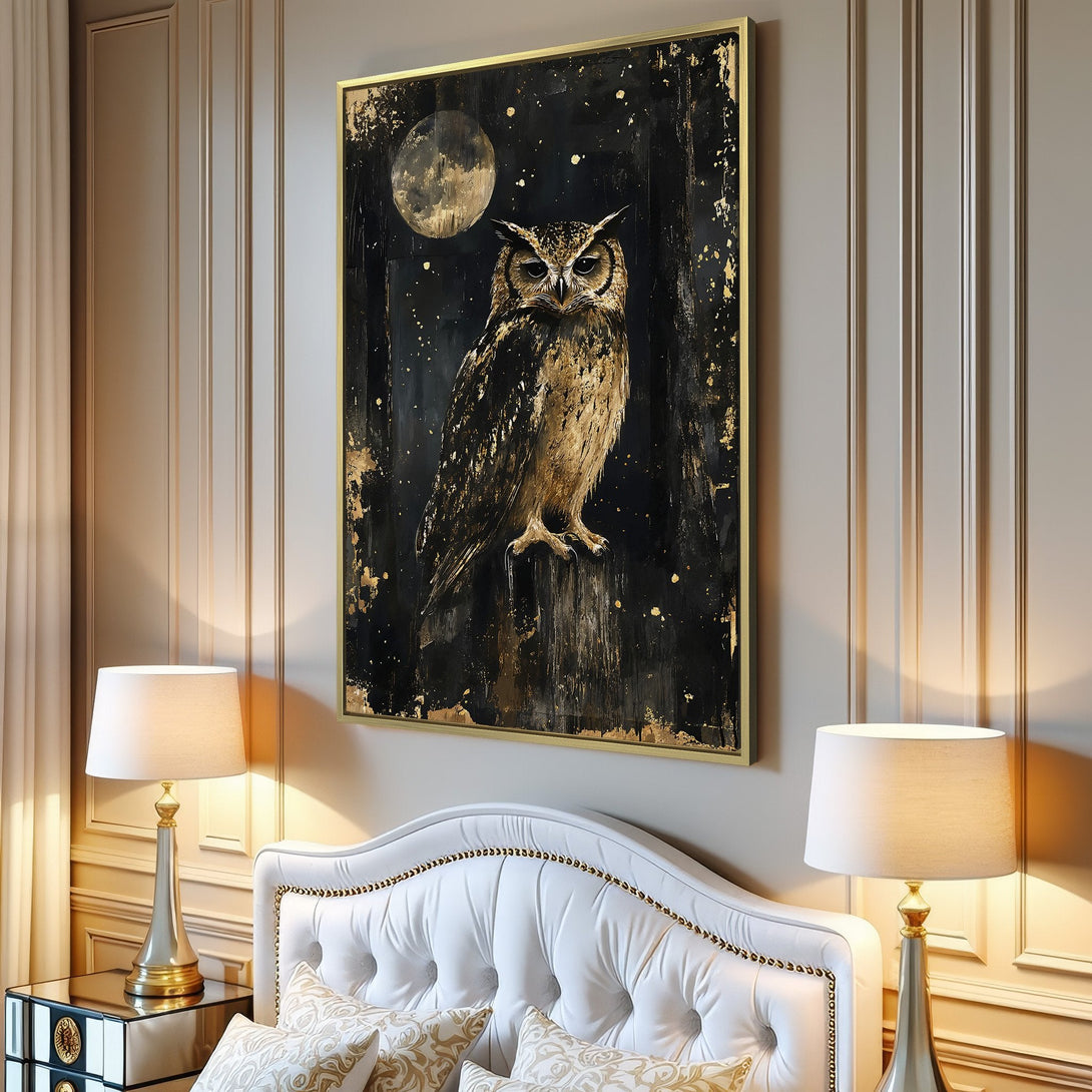 Canvas Print of an owl painting in a moody, abstract style with a black, gold, and neutral color palette. Perfect wall art for any room.