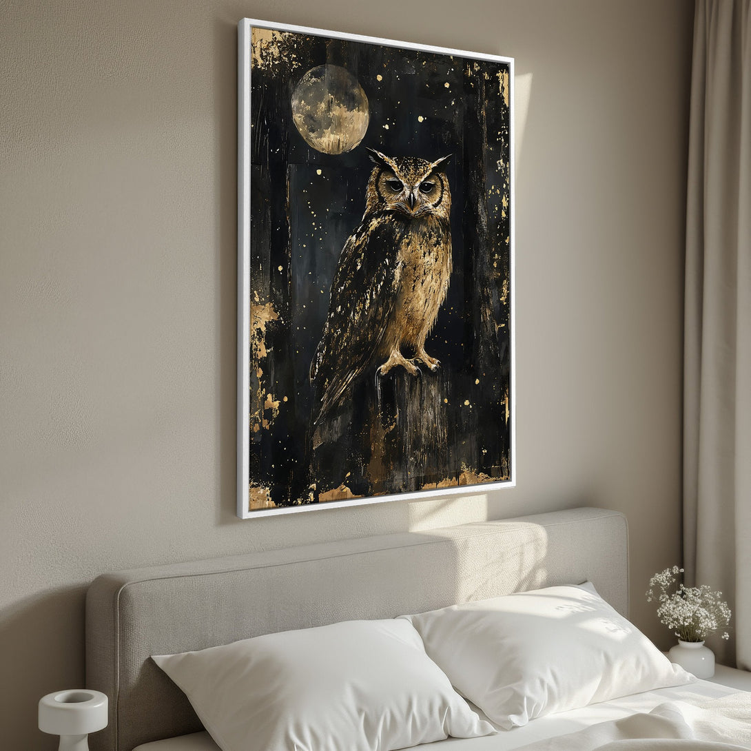 Framed Wall Art featuring an owl painting with a black, gold, and brown color palette. Modern art perfect for bedroom decor.