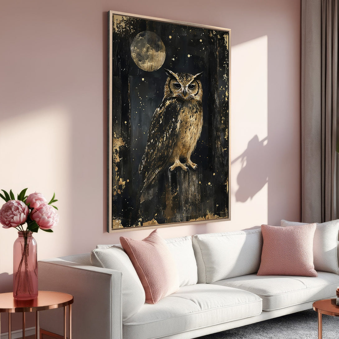 Framed Wall Art: Majestic owl painting in gold and black tones. Stunning artwork for your home. Adds elegance to any interior with a modern style.