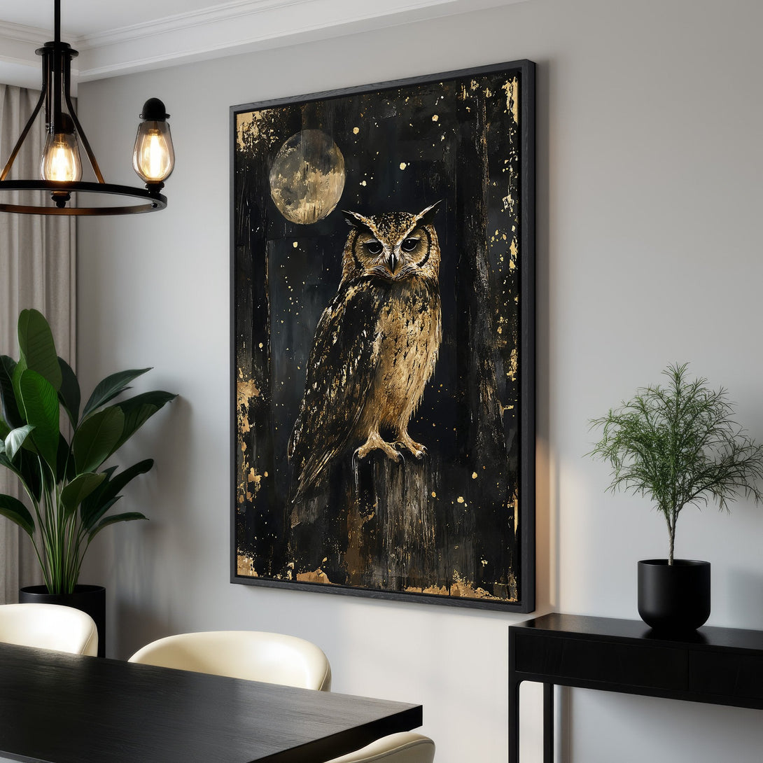 Framed Wall Art: Majestic owl painting with gold accents on a black background. Modern, elegant wall decor in a neutral interior. Perfect for living rooms and bedrooms.