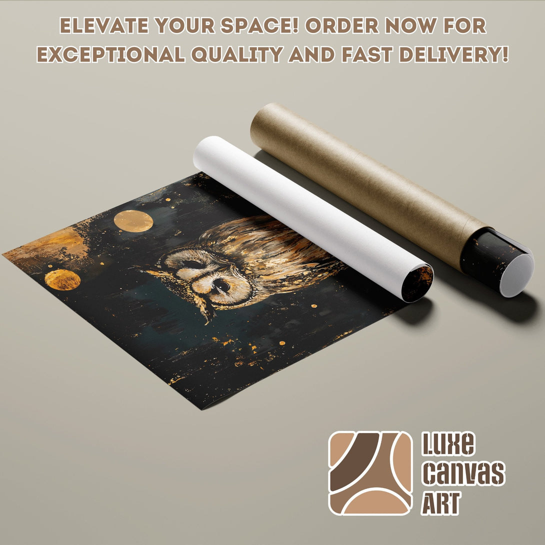 Owl art Poster Roll in dark, gold, and brown tones. Perfect for home decor!