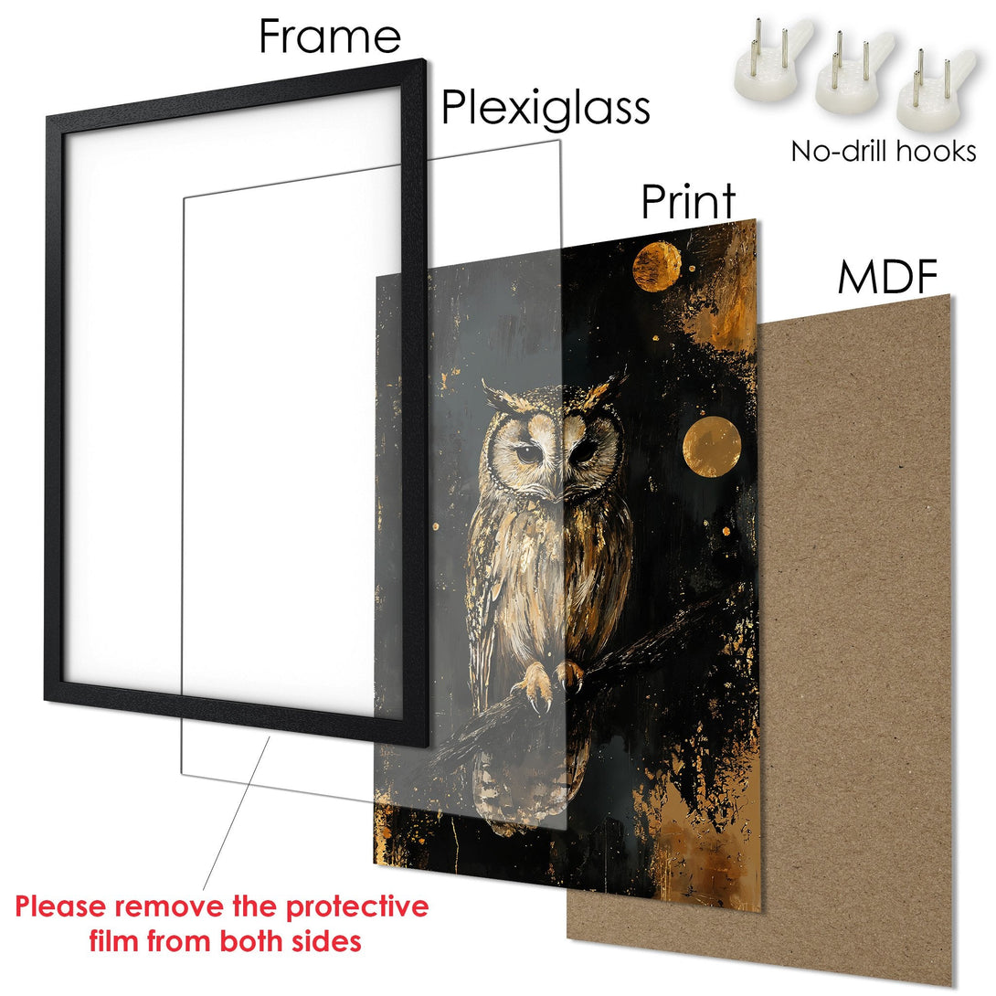 Framed Poster featuring an owl in a dark, gold-toned abstract style. Perfect wall art for a modern home.