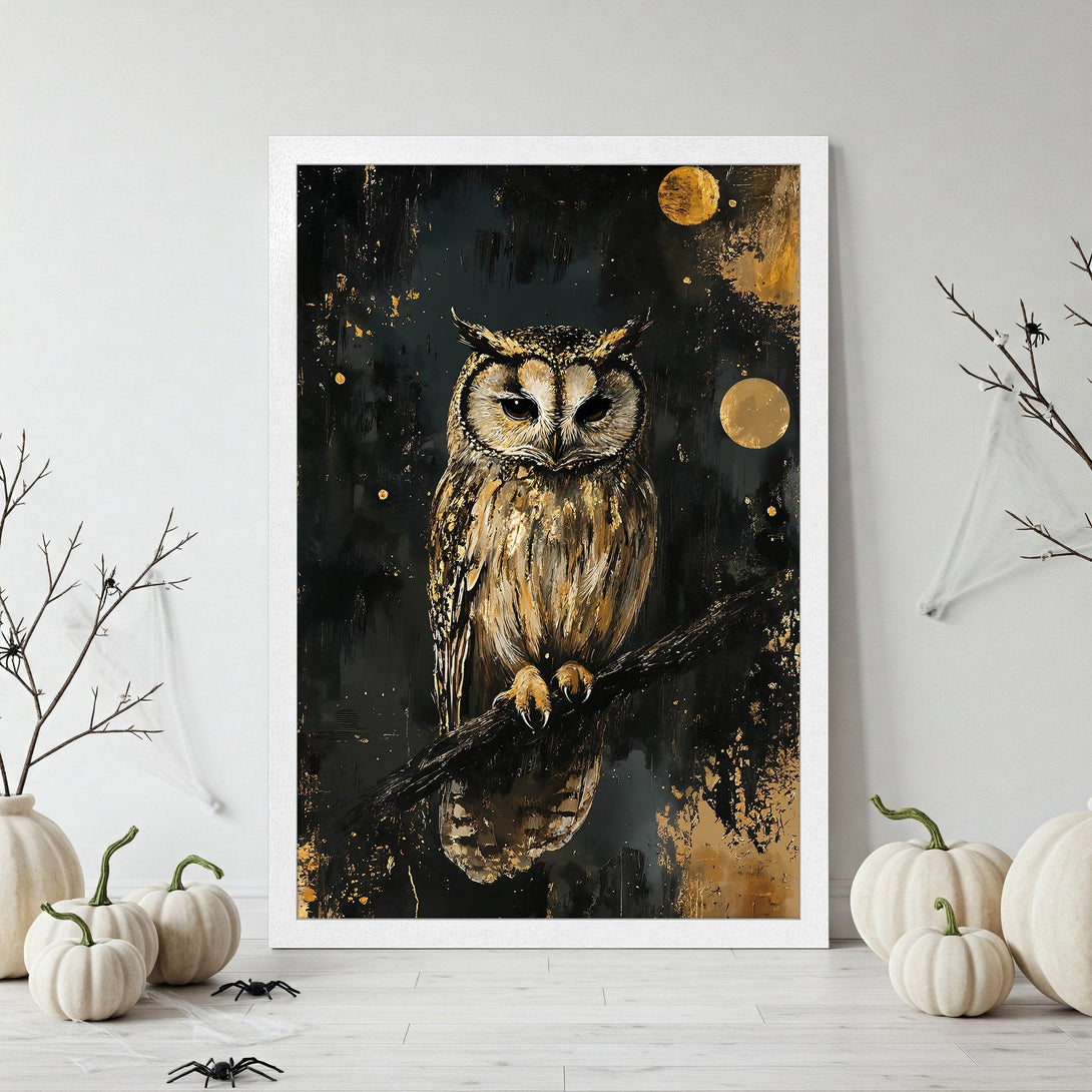 Framed Poster featuring an owl in a dark, gold and black abstract style. Perfect for Halloween decor.