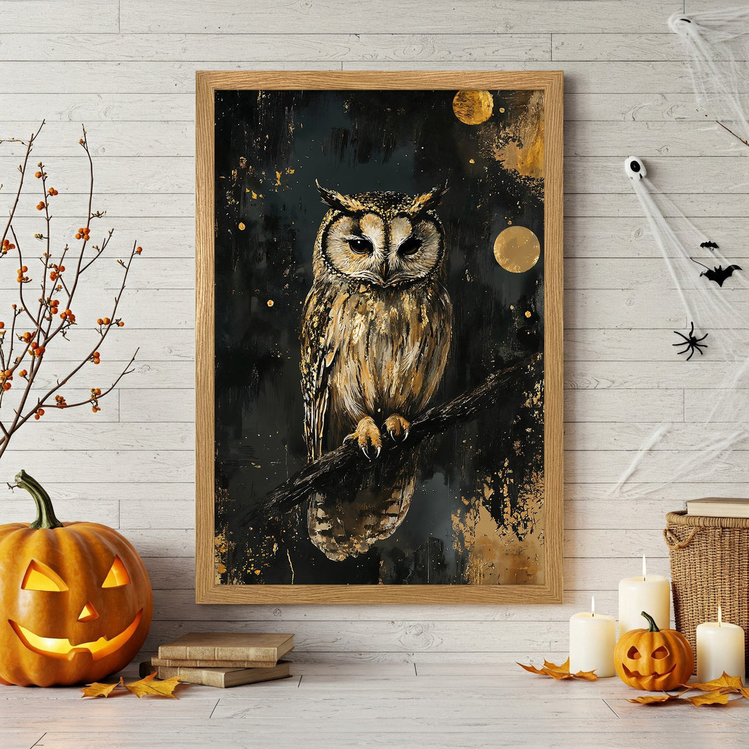 Framed Poster featuring a stunning owl painting in gold and black. Perfect Halloween decor, artistic style.