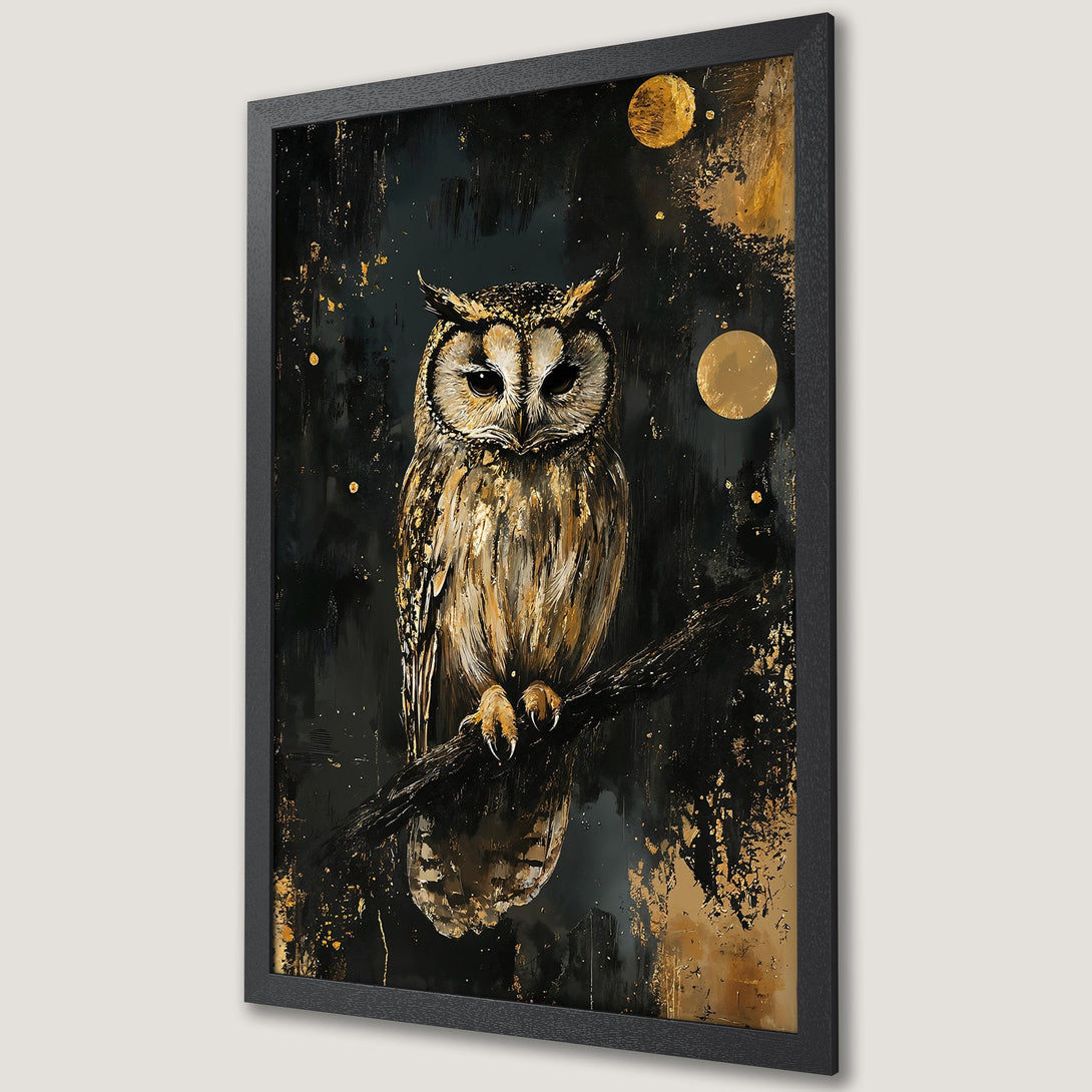 Framed Poster featuring a majestic owl on a branch. Artistic style with a dark, gold, and brown color palette. Perfect wall art for any room.