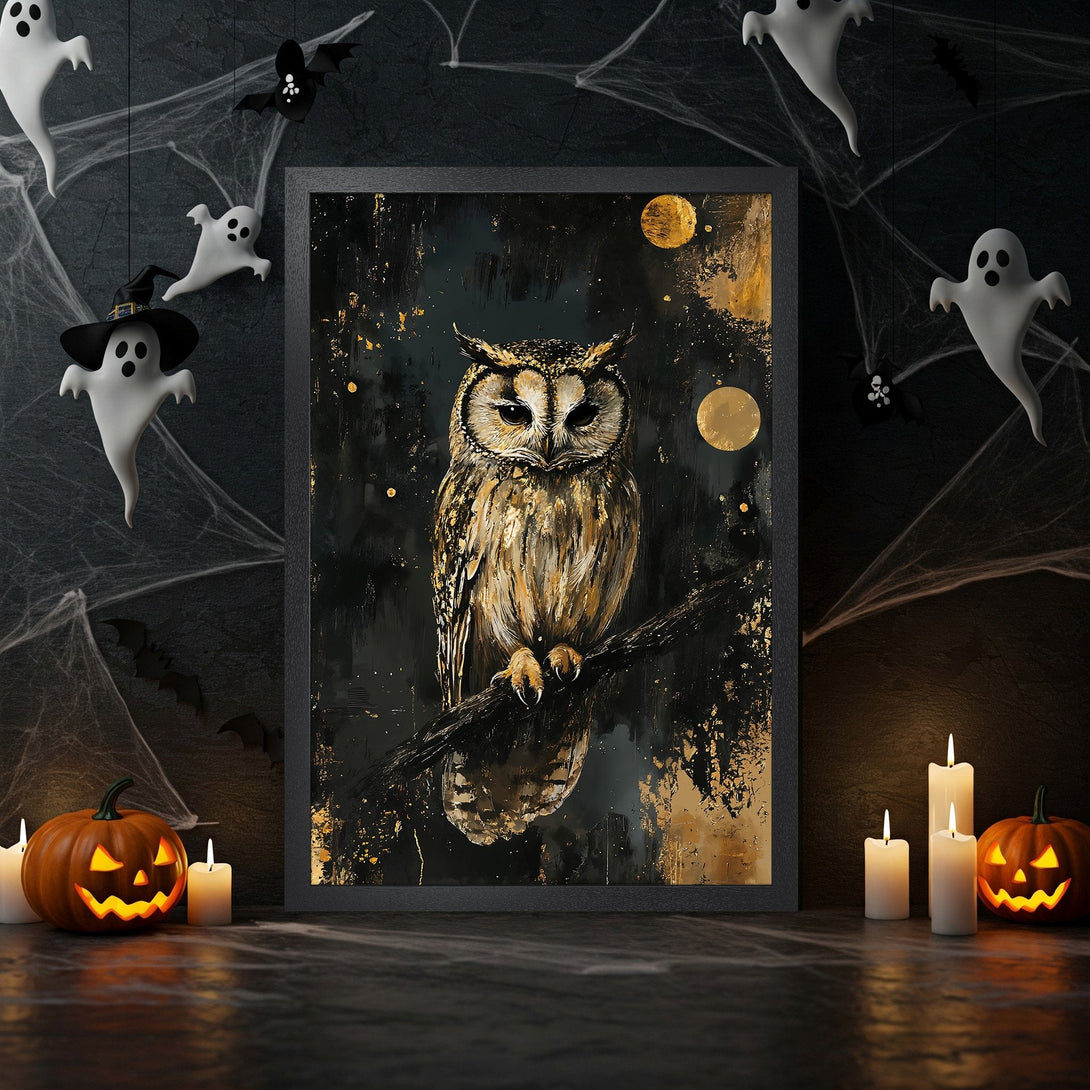 Framed Poster featuring an owl in a dark, painterly style. Gold and black color palette, perfect for Halloween decor.