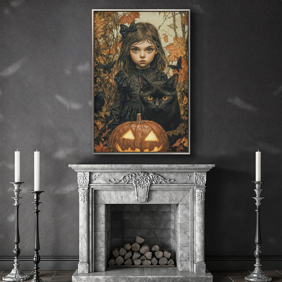 Framed Wall Art featuring a gothic girl with a black cat and pumpkin. Autumnal color palette. Perfect Halloween decor!