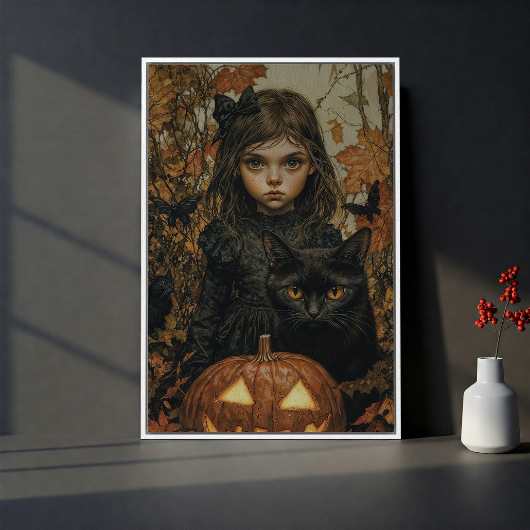 Framed Wall Art: Spooky Halloween portrait of a girl with a black cat, pumpkin, and fall leaves. Warm, earthy tones. Perfect for seasonal decor.