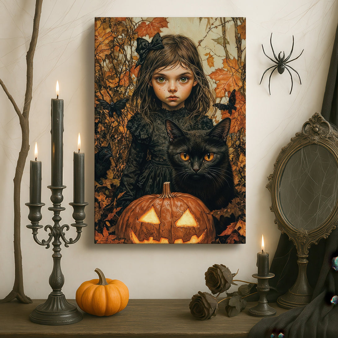 Framed Wall Art: Gothic Halloween portrait of girl, black cat, and pumpkin. Rich, autumnal color palette. Perfect spooky decor for any room.