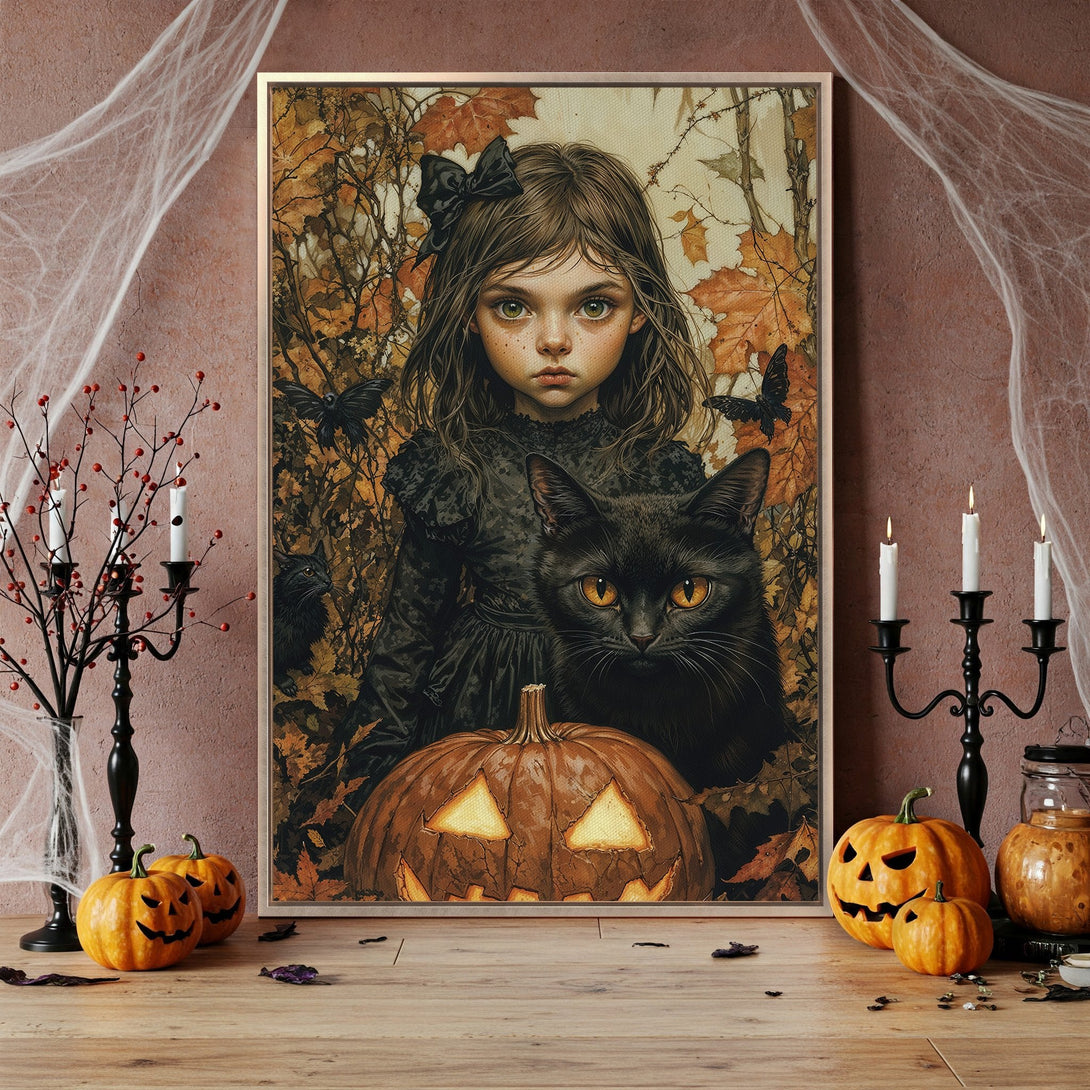 Framed Wall Art: Spooky Halloween canvas print featuring a girl, black cat, and pumpkin in a warm, autumnal color palette. Perfect for seasonal decor!