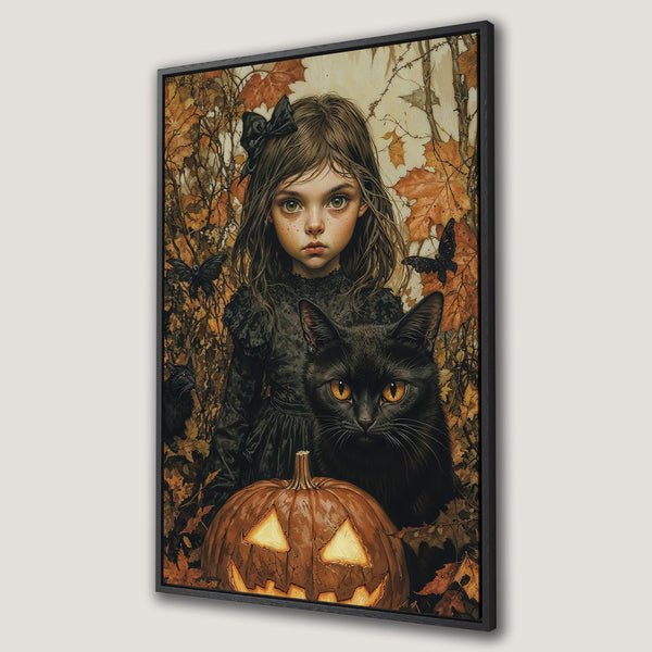 Framed Wall Art: Spooky Halloween girl with black cat and pumpkin, autumn color palette. Perfect for seasonal decor!