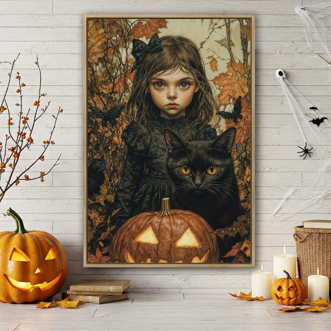 Framed Wall Art: Spooky Halloween scene with girl, black cat, and pumpkin. Warm autumnal color palette. Perfect for seasonal decor.