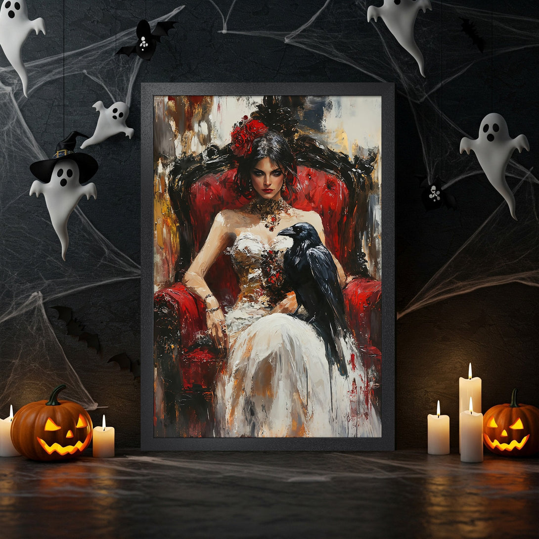 Framed Poster featuring a gothic woman in black dress, abstract art style, dark and neutral color palette, perfect Halloween decor.