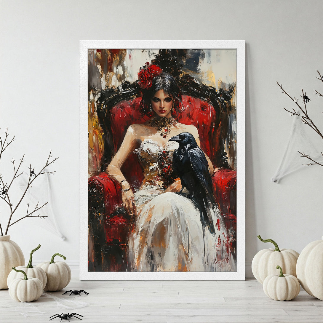 Framed Poster of a gothic woman in black dress, grunge style, neutral & black color palette. Perfect Halloween decor.