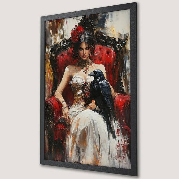 Framed Poster featuring a gothic woman in black, artistic style, neutral and dark color palette. Perfect wall art!