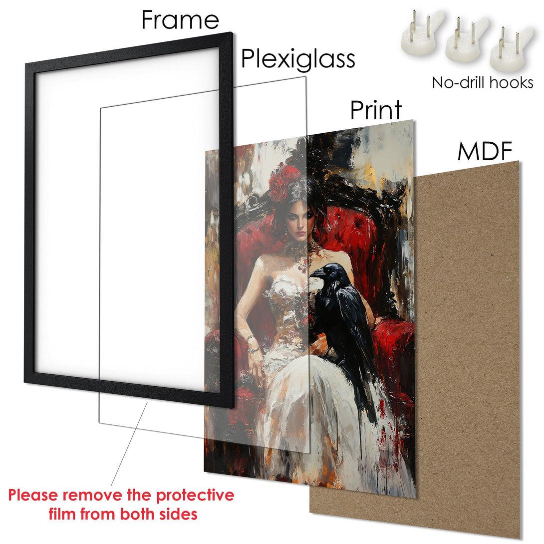 Framed Poster featuring a gothic woman in black, with a neutral, earthy color palette. Perfect wall art for any room!