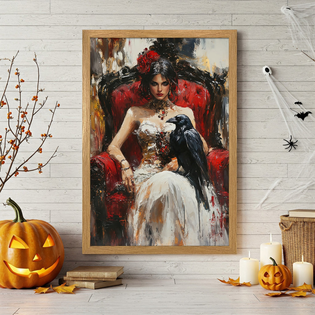 Framed Poster of a gothic woman in black, abstract style, beige and black color palette. Perfect Halloween decor!