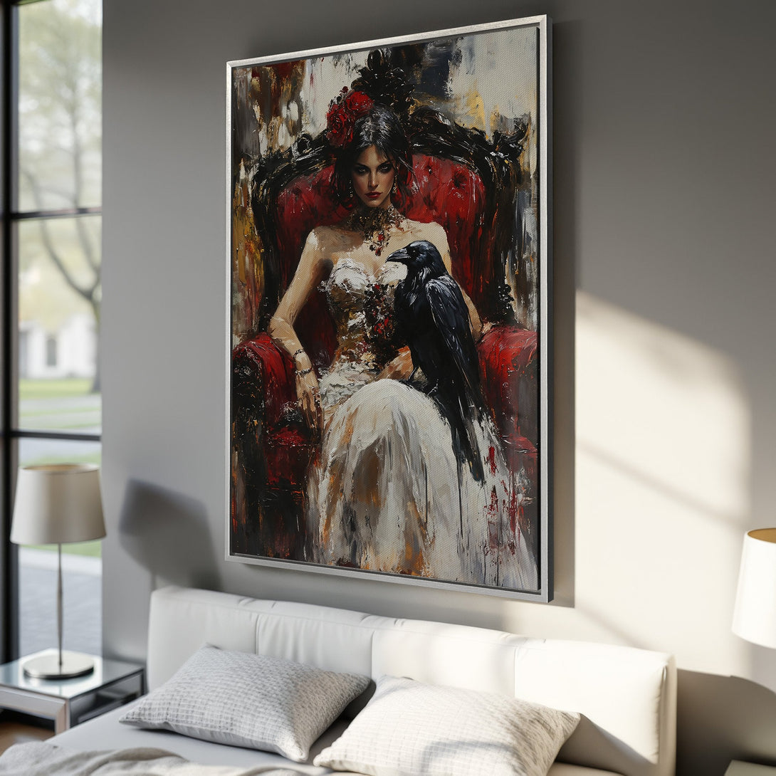 Framed Wall Art featuring a woman in black dress, abstract style, neutral and black color palette, perfect for bedroom decor.
