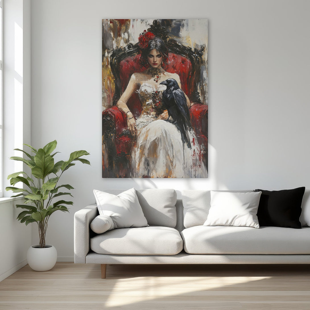 Framed Wall Art: Gothic woman in black dress. Dramatic, abstract style with a neutral and black color palette. Perfect for bedroom decor.