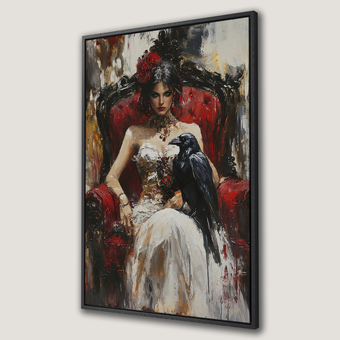 Framed Wall Art: Gothic woman portrait in black and beige. Abstract, expressive style. Perfect for adding a touch of dark elegance to your decor.