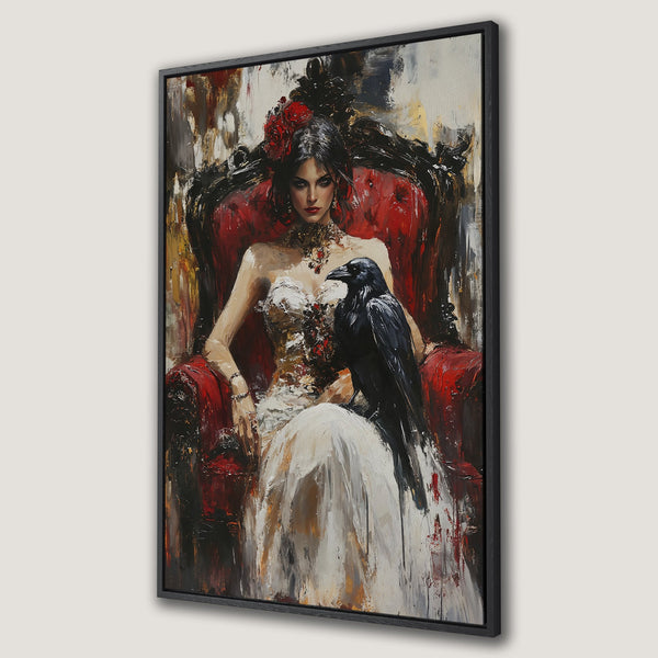 Framed Wall Art: Gothic woman portrait in black and beige. Abstract, expressive style. Perfect for adding a touch of dark elegance to your decor.