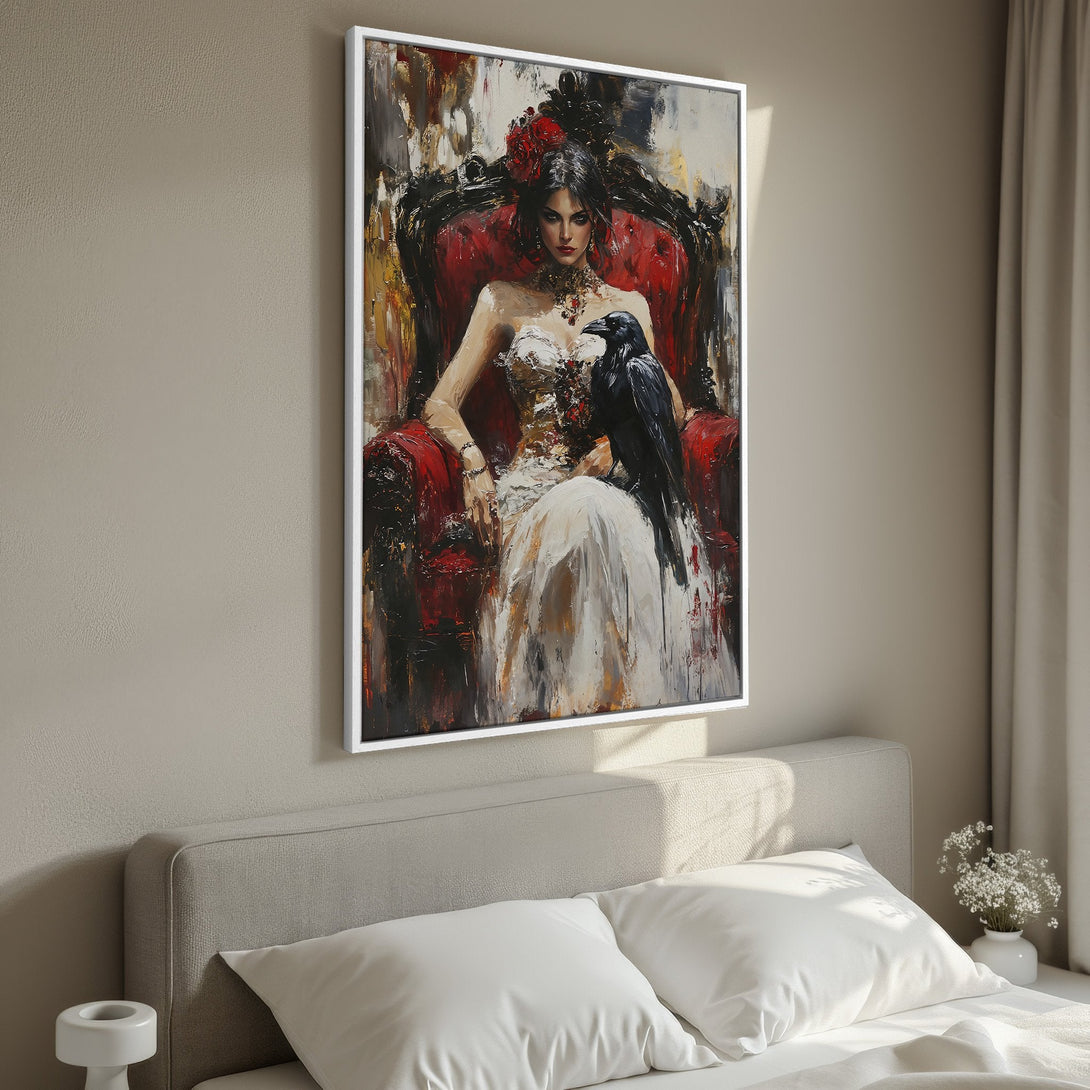 Framed Wall Art featuring an elegant woman in black, painted in a vintage style. Neutral beige and black color palette perfect for bedroom decor.