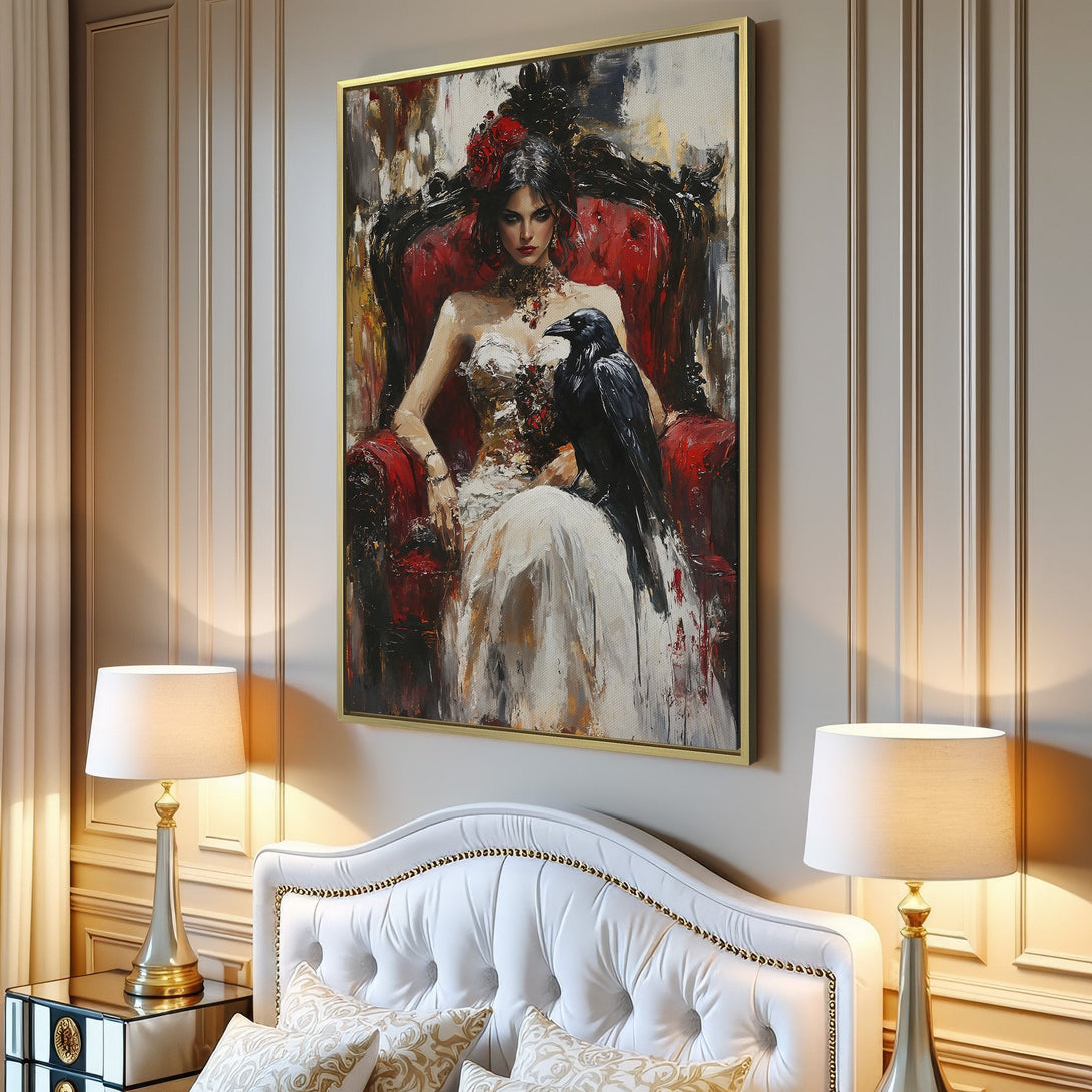 Canvas Print of a woman in a black dress, grunge style art. Neutral color palette, perfect for modern home decor.