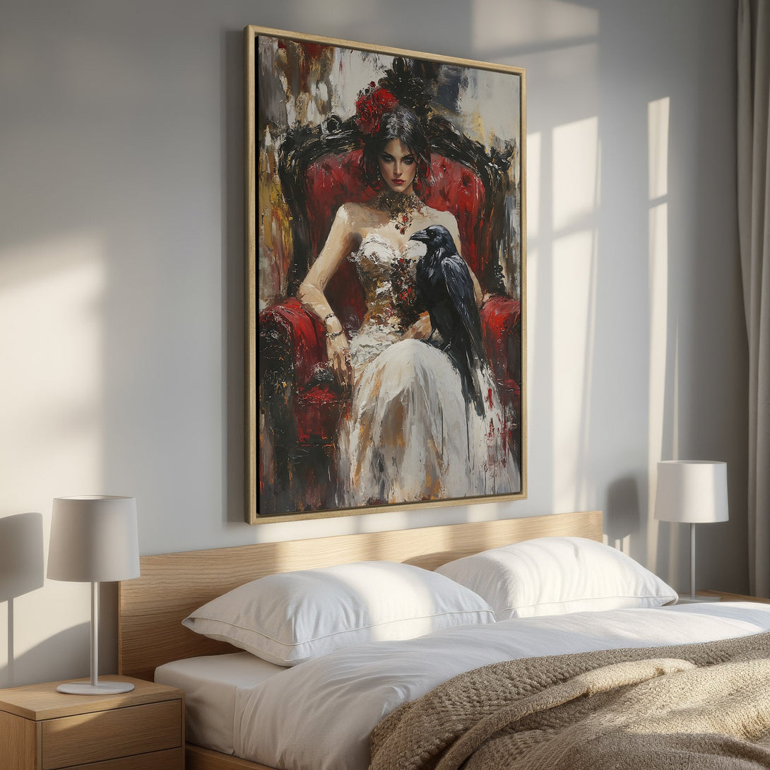 Framed Wall Art: Elegant woman in black dress, abstract art style. Neutral color palette with gold frame, perfect for bedroom decor.