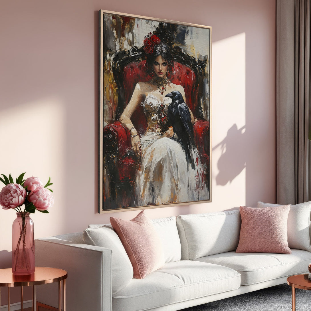 Framed Wall Art featuring a woman in black, displayed in a modern interior. The artwork has a vintage style with a muted black and beige color palette.
