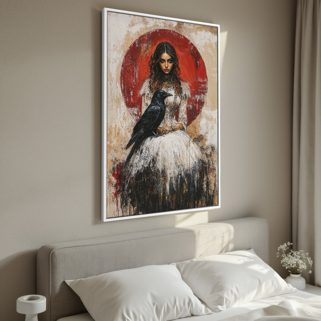 Framed Wall Art: Gothic portrait of a woman with a raven, abstract style, featuring red, black, and neutral tones. Elevate your space with unique art!