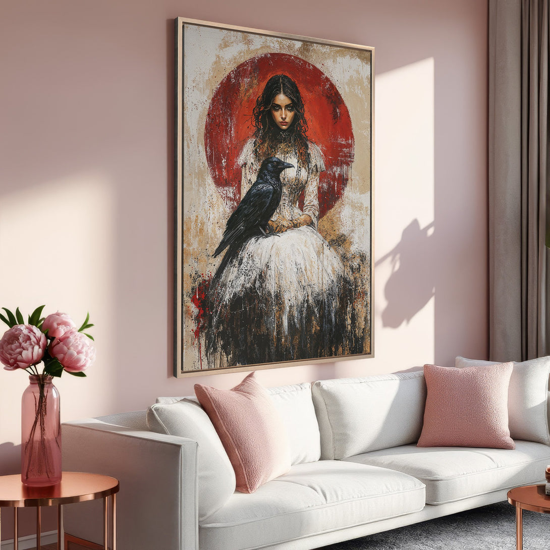 Framed Wall Art: Gothic woman with raven, abstract style, red & neutral color palette, perfect for modern living room decor. Enhance your space today!
