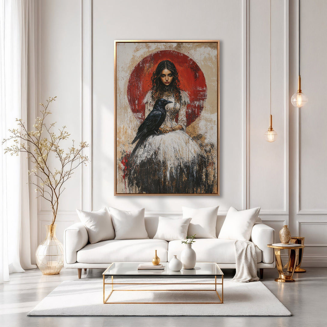 Framed Wall Art featuring a woman with a raven, dramatic style, red & neutral color palette. Perfect for modern interior design.