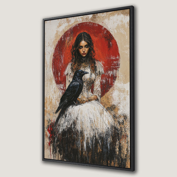Framed Wall Art: Gothic portrait of a woman with a raven, abstract style. Red, black, and neutral color palette. Elevate your space with this unique canvas print.