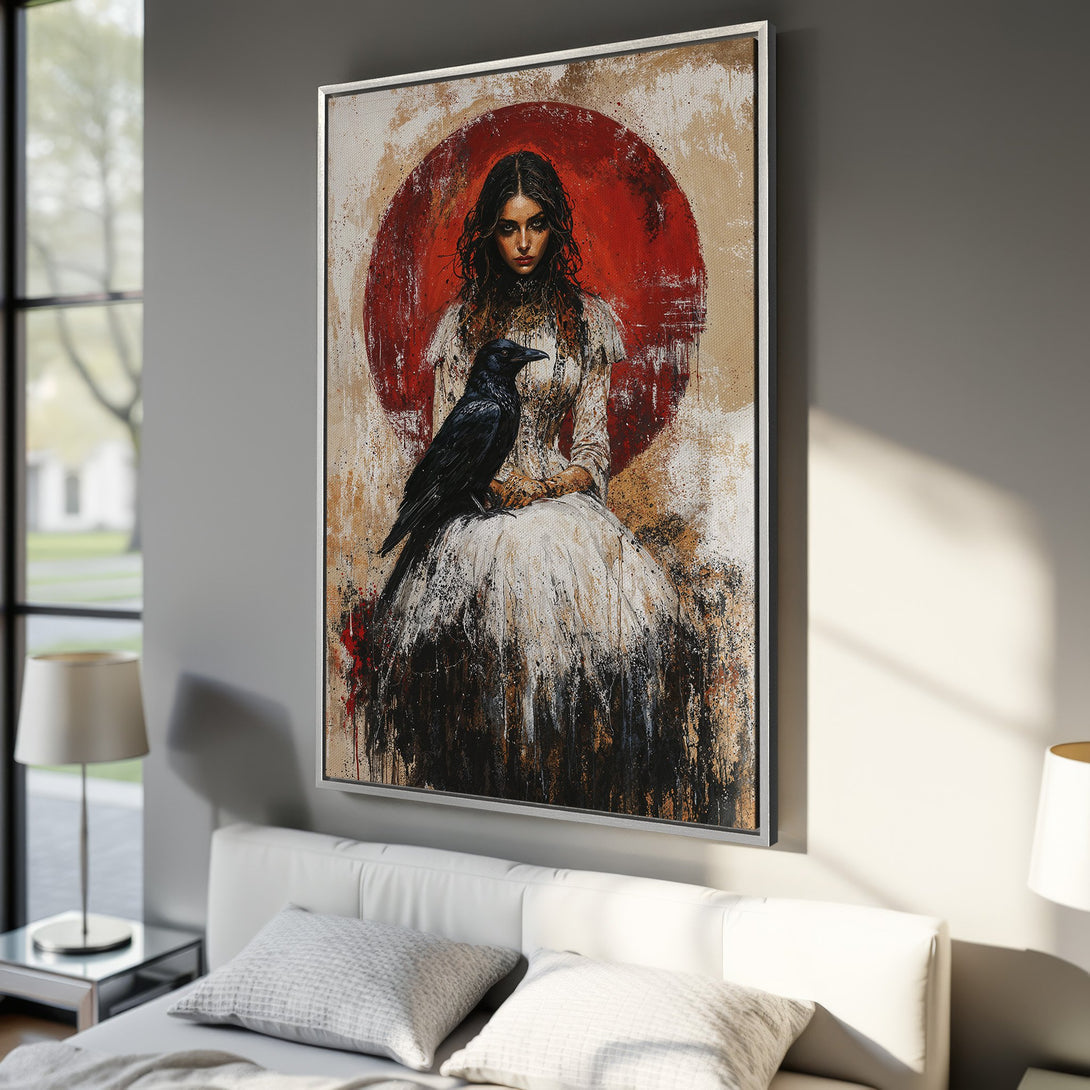 Framed Wall Art: Gothic portrait of woman with raven, abstract style, red & neutral color palette. Perfect for bedroom decor. Shop Canvas Prints now!