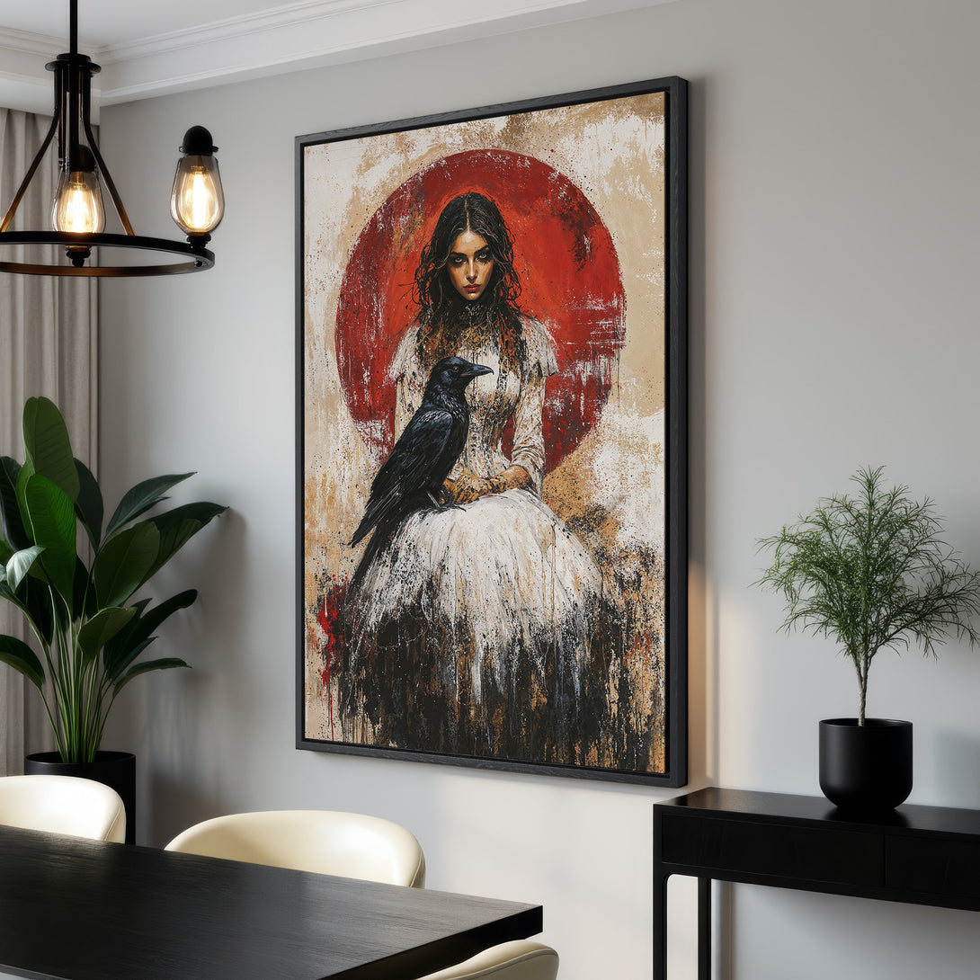 Framed Wall Art featuring a woman with a raven, abstract style, warm color palette. Enhance your home decor with this stunning canvas print!