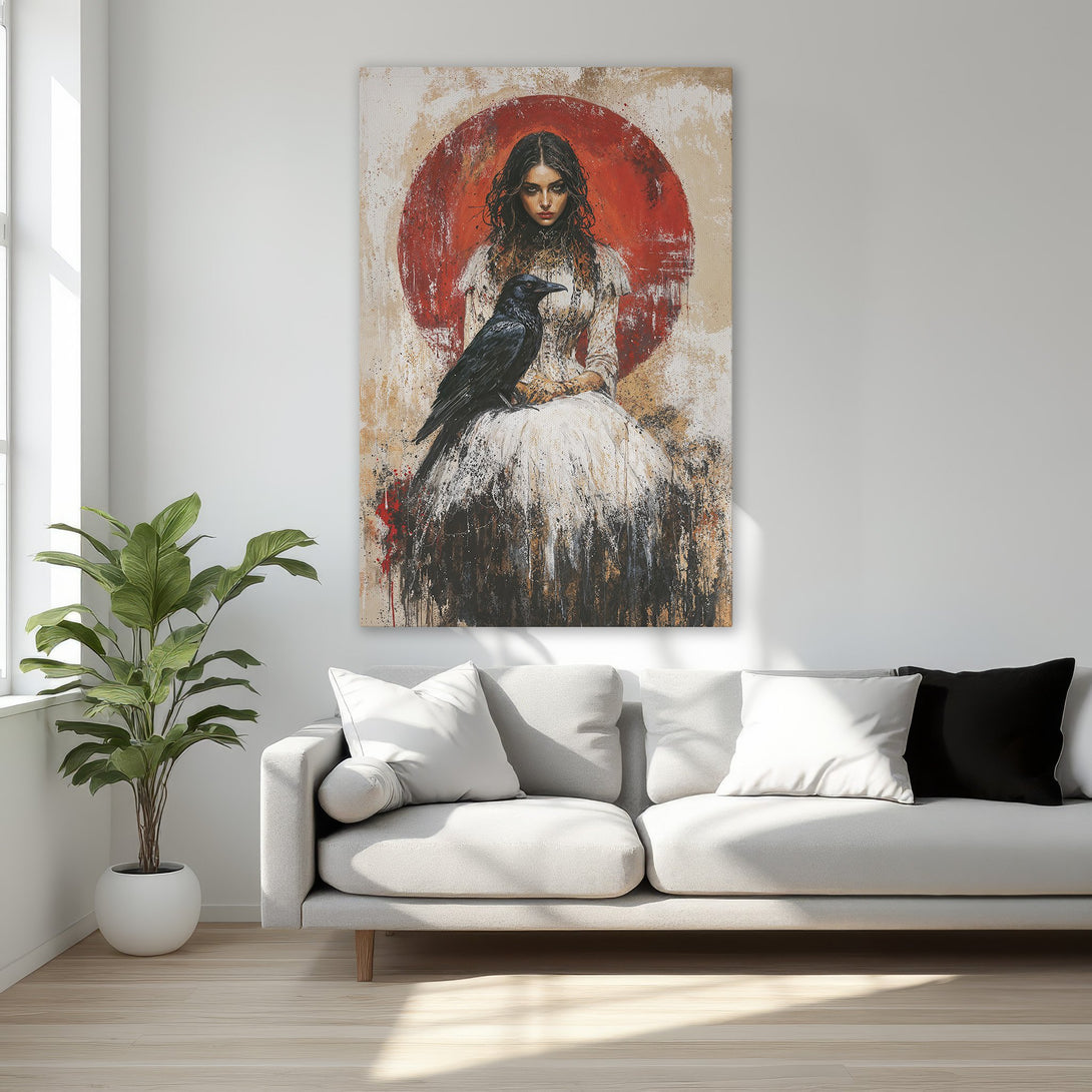 Framed Wall Art: Dramatic portrait of woman with raven, abstract style, red, black, and cream palette. Perfect for bedroom decor.