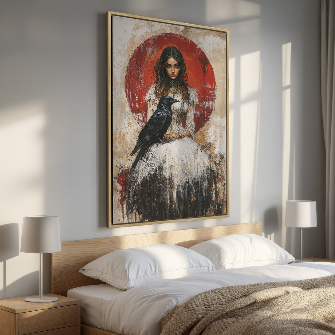 Framed Wall Art: Dramatic portrait of a woman with a raven, bold red & neutral palette. Perfect for adding a touch of mystery to your bedroom decor.