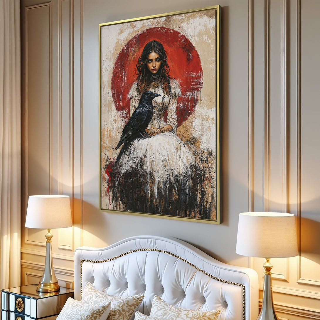 Canvas Print featuring a woman with a raven, in a moody, abstract style. Earthy tones with a pop of red, perfect for modern decor.