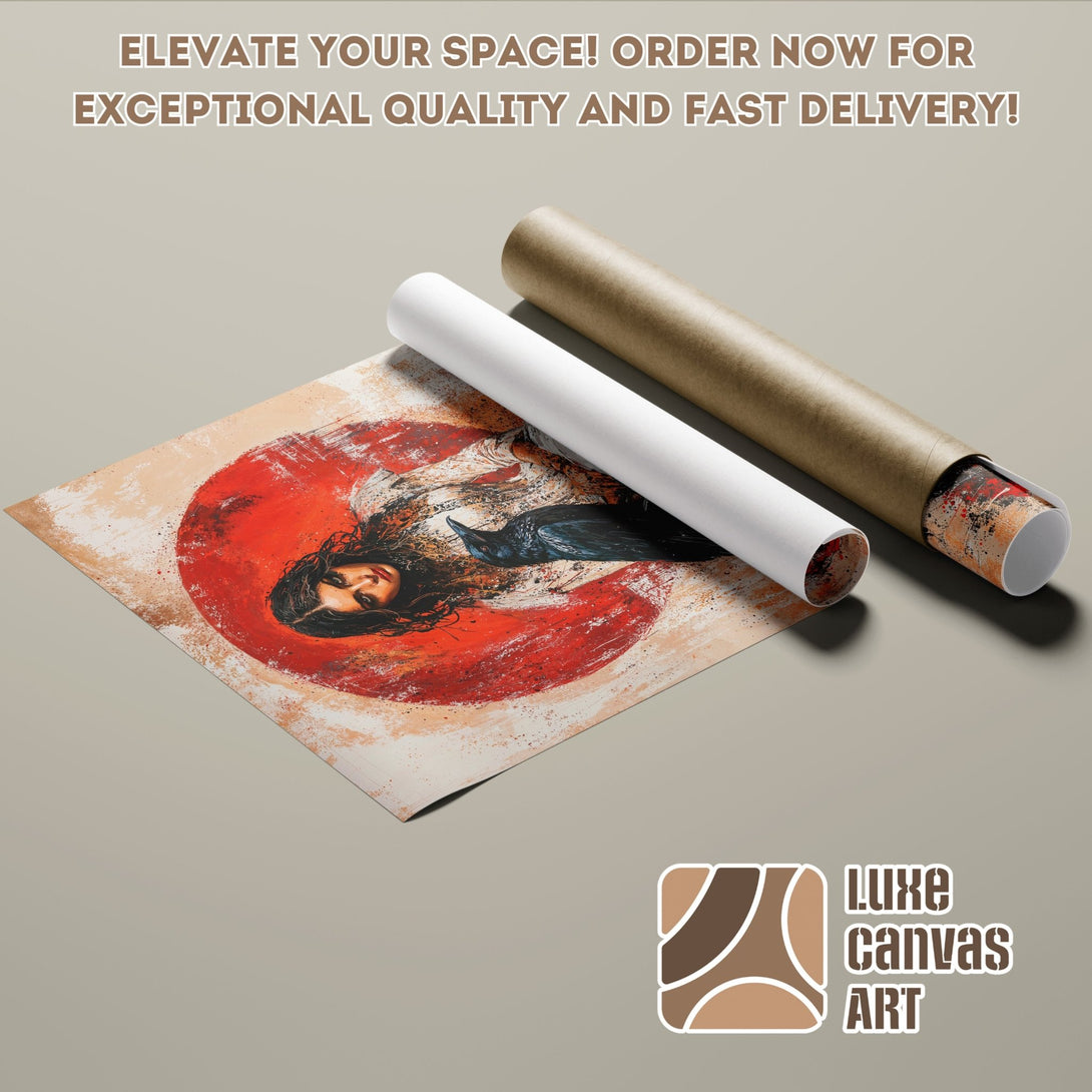 Poster Roll featuring abstract art with a woman and raven, warm color palette. Elevate your space with Luxe Canvas Art!