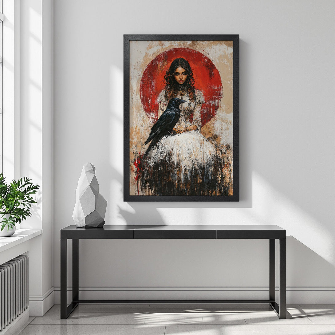 Framed Poster featuring a woman with a raven, artistic style, red & neutral color palette. Perfect wall art!