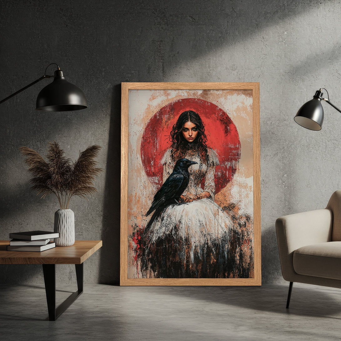 Framed Poster featuring a woman with a raven, artistic style, red & neutral color palette. Perfect wall art for your home!