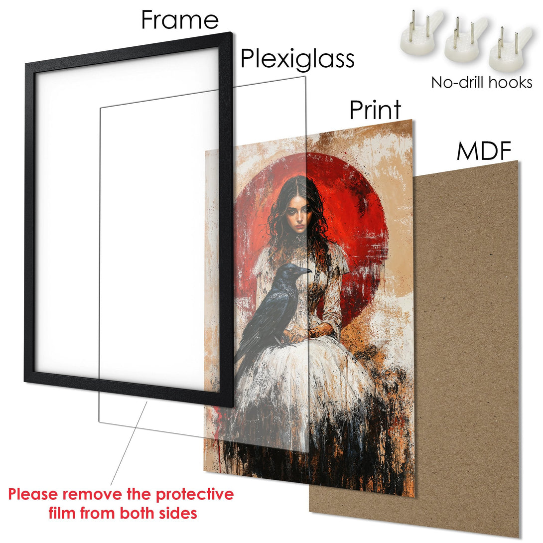 Framed Poster featuring a woman with a raven, in an abstract style with a red, black, and beige color palette. Perfect wall art!