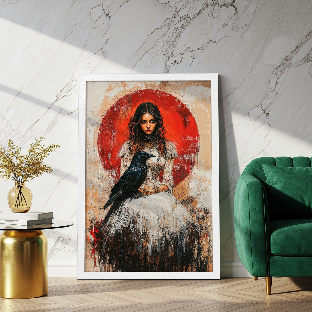 Framed Poster featuring a woman with a raven, abstract style, red, white, and black color palette. Add artistic flair to your space!
