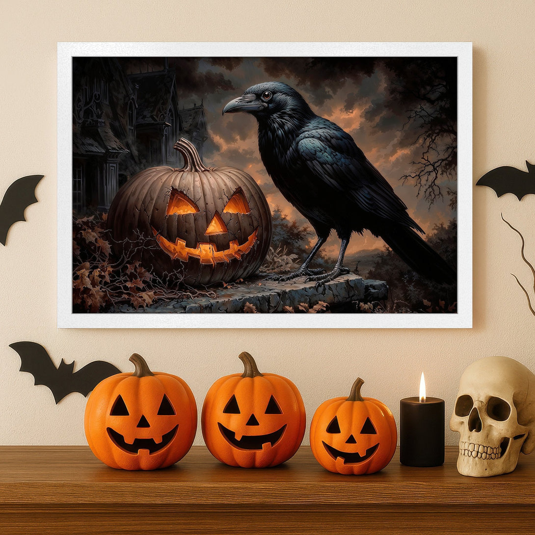 Framed Poster featuring a spooky Halloween scene with a raven and jack-o'-lanterns in a dark, moody color palette.