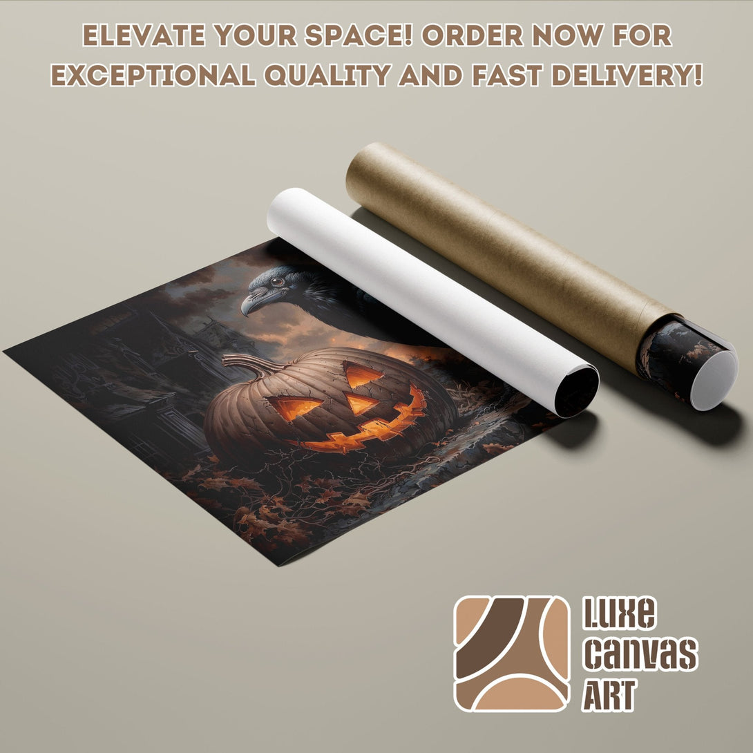 Halloween-themed Poster Roll art, featuring a pumpkin and raven, in a dark, moody color palette. Order now!