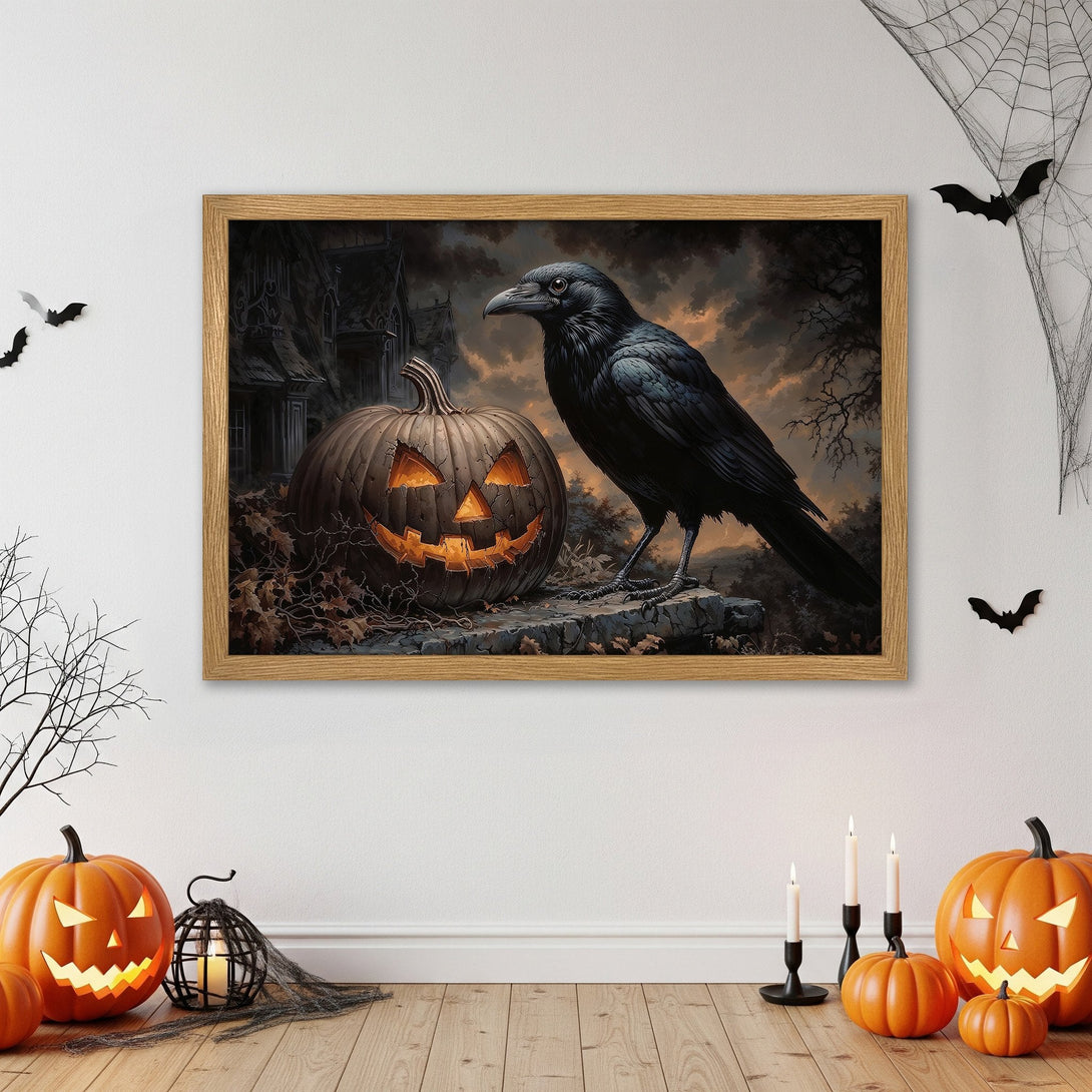 Framed Poster featuring a Halloween raven and pumpkin, dark and moody style with orange and black color palette. Perfect for spooky decor!