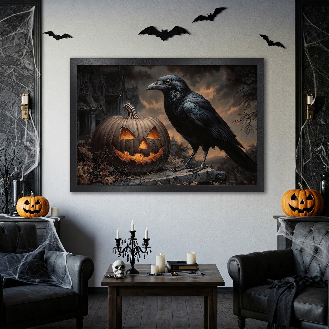 Framed Poster featuring a spooky raven and jack-o'-lantern in a dark, gothic style. Perfect Halloween decor with a moody, autumnal color palette.