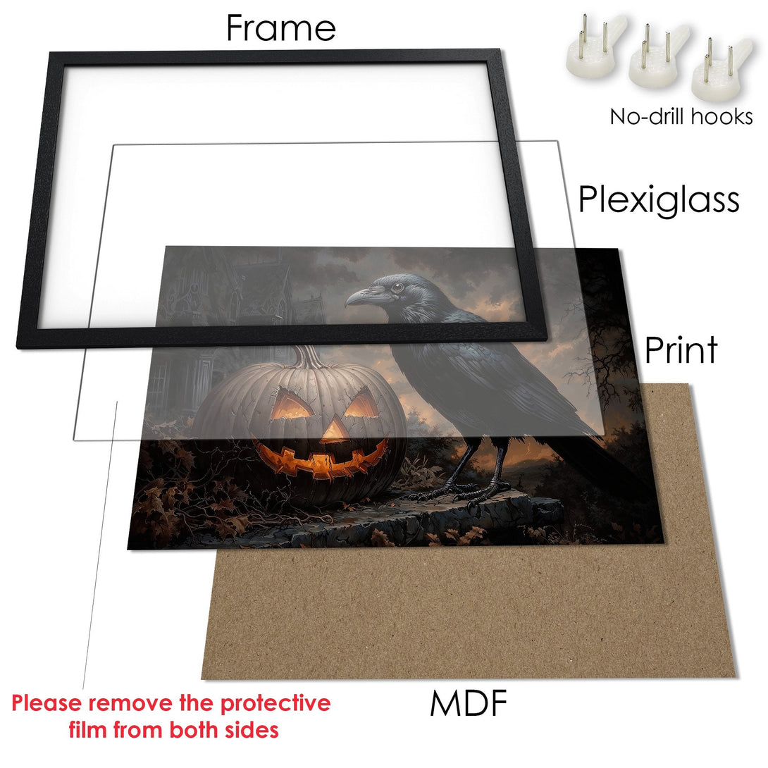 Framed Poster featuring a spooky Halloween raven and pumpkin art print. Dark, moody color palette perfect for fall decor.